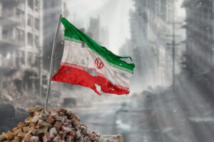 Iranian flag in rubble