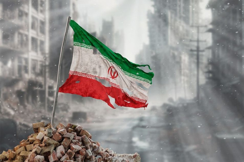 Iranian flag in rubble